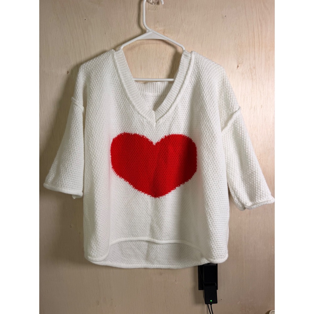 Unbranded Heart Women‎ Large White Excellent Oversized V-Neck Knit Pullover